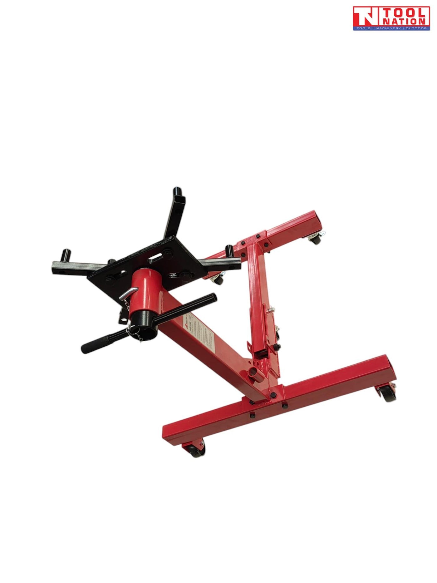 Foldable engine stand low angle view showing red frame, black mounting head, handle, and casters