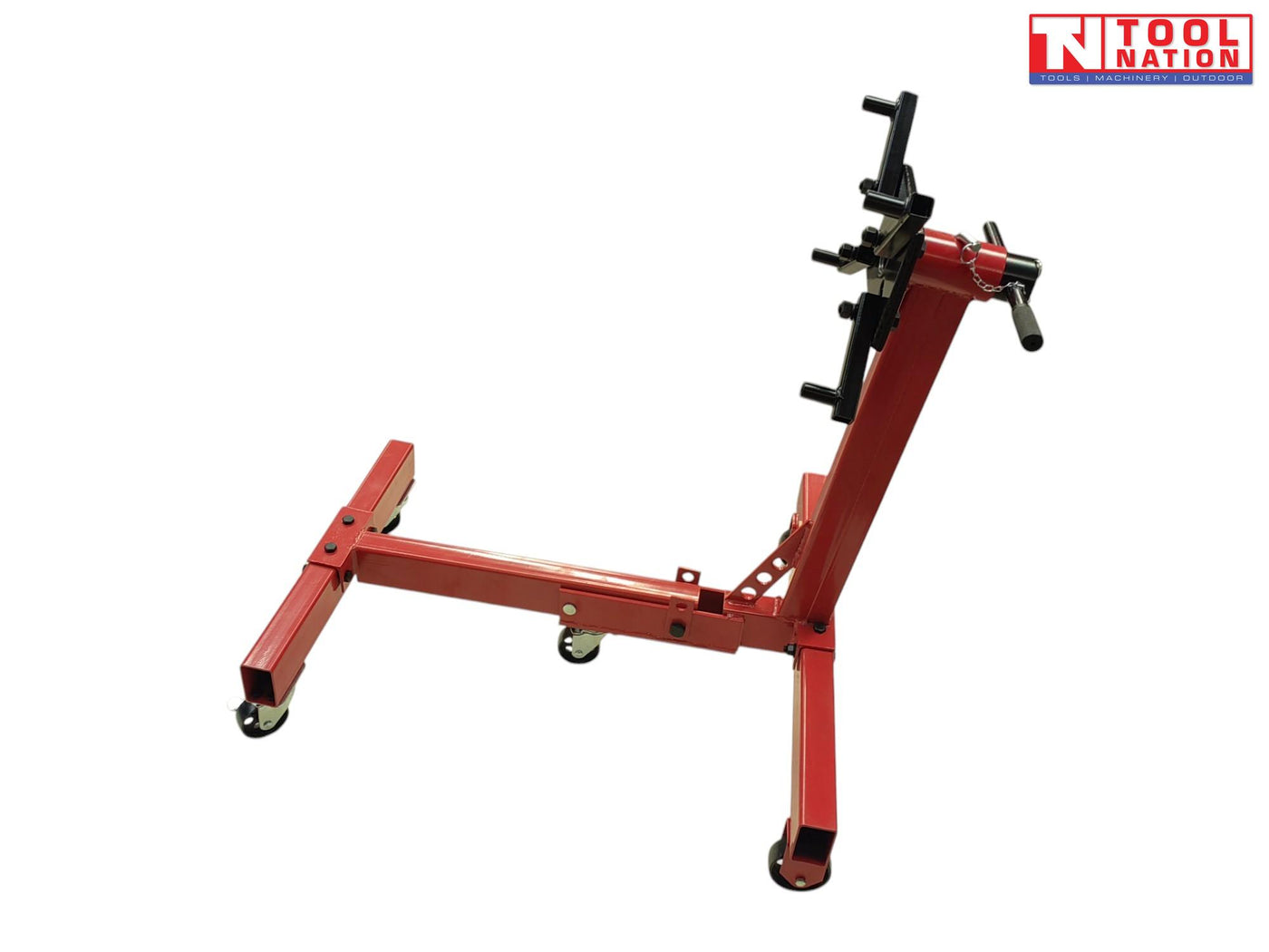 Foldable engine stand angled side view with red frame, black mounting head, handle, and casters
