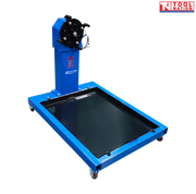 Engine stand with oil pan angled view, blue frame, black tray, hand wheel, and casters