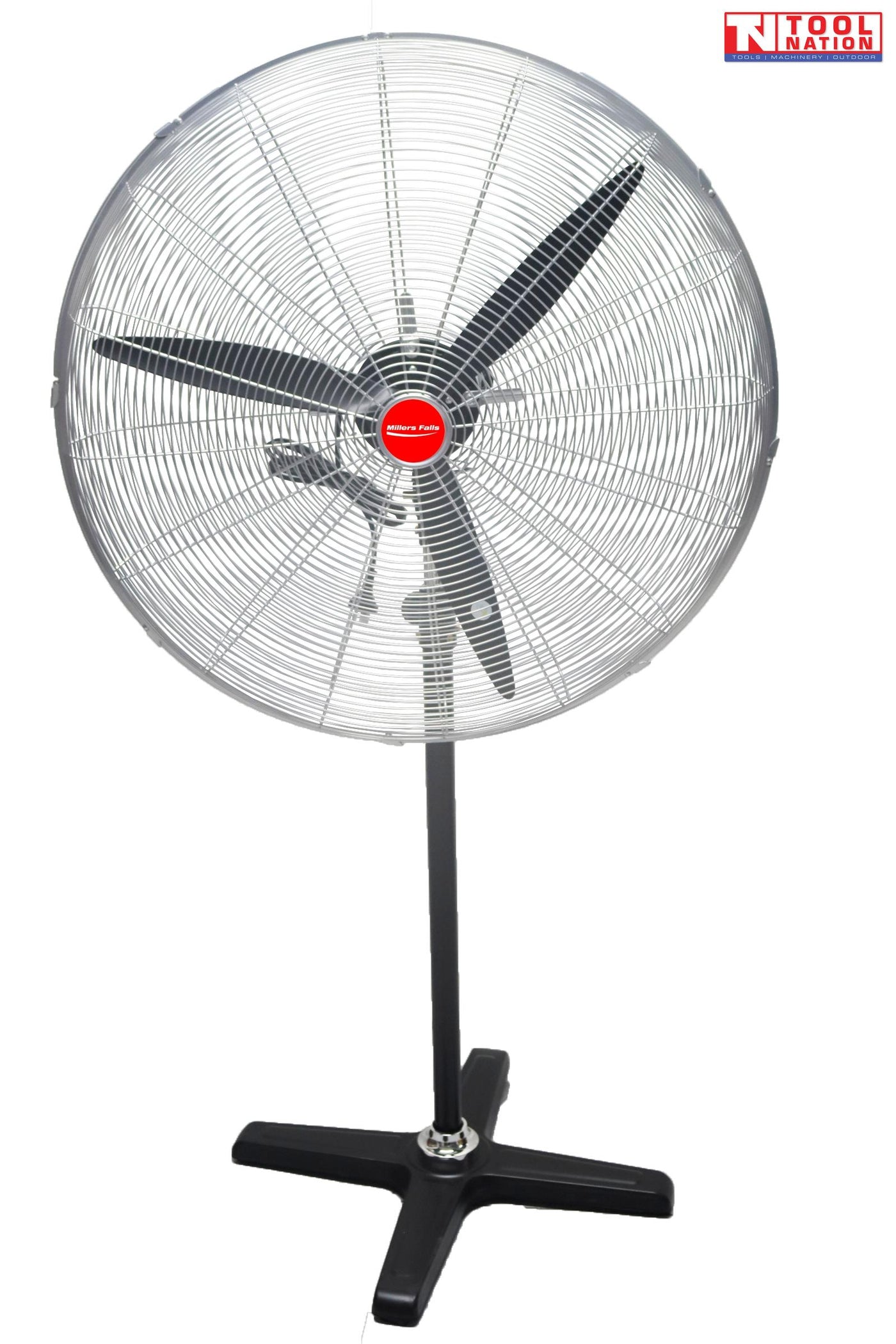 Front view of a large pedestal fan with round grille, three blades, adjustable stand, and cross base.