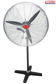 Front view of a large pedestal fan with round grille, three blades, adjustable stand, and cross base.