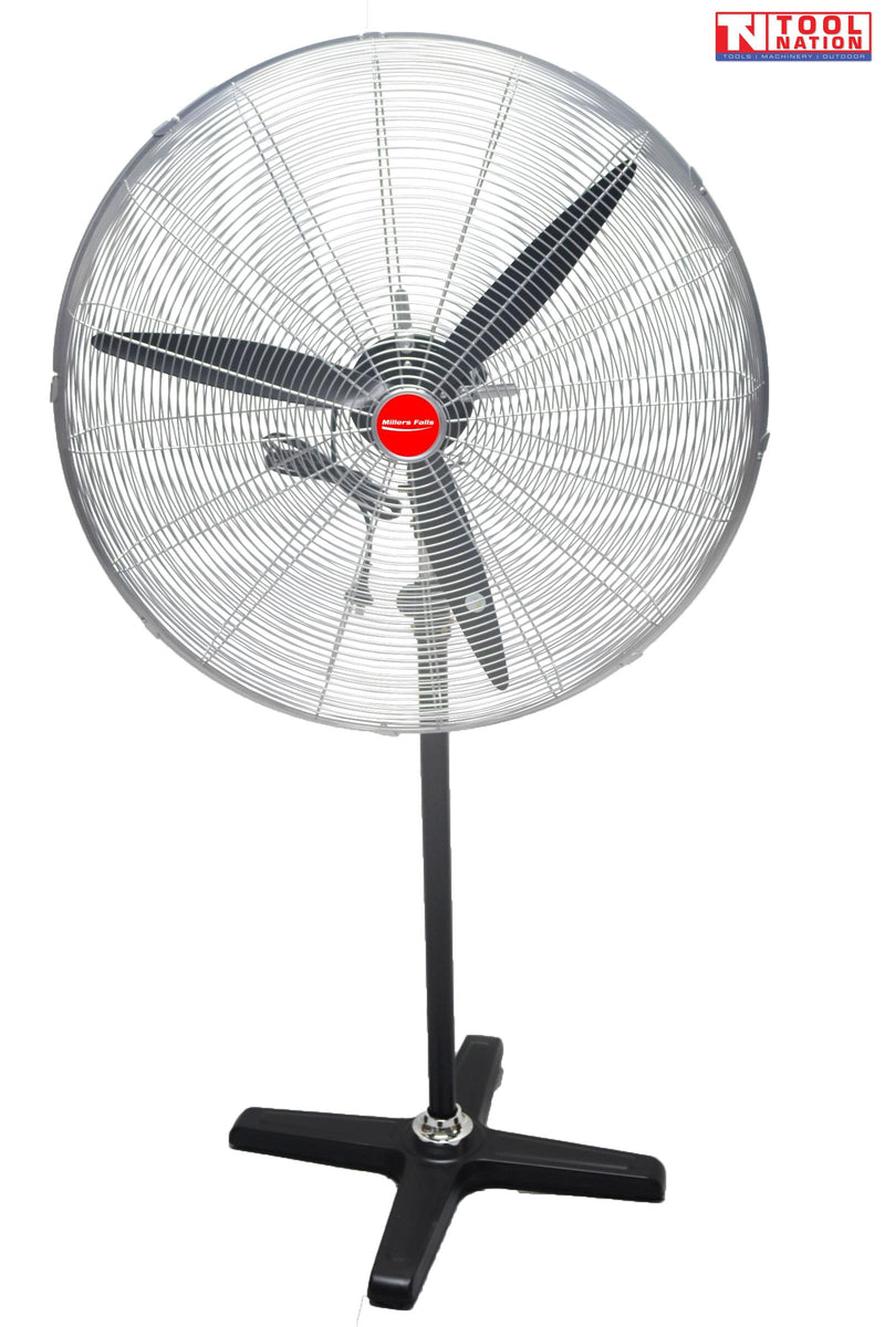 Front view of a large pedestal fan with round grille, three blades, adjustable stand, and cross base.