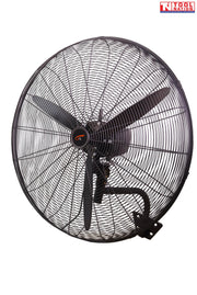 Front view of a black wall-mounted fan with round grille, three blades, and mounting bracket.