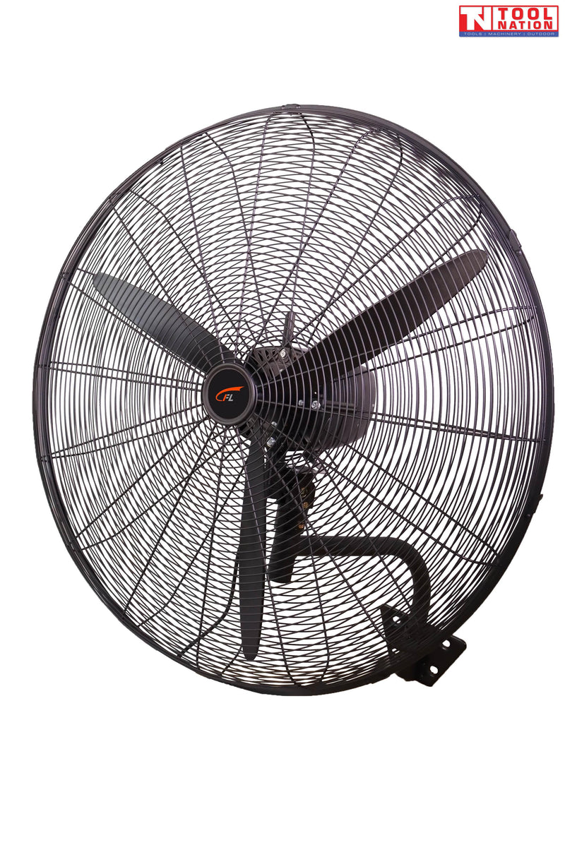 Front view of a black wall-mounted fan with round grille, three blades, and mounting bracket.