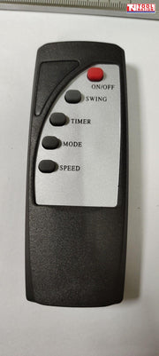 Remote control with buttons labelled ON/OFF, SWING, TIMER, MODE, and SPEED.