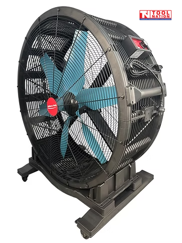 Angled view of a large floor fan with black grille, blue blades, rear controls, power cord, and caster wheels.