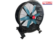 Angled front view of a large floor fan with black grille, blue blades, and caster wheels.