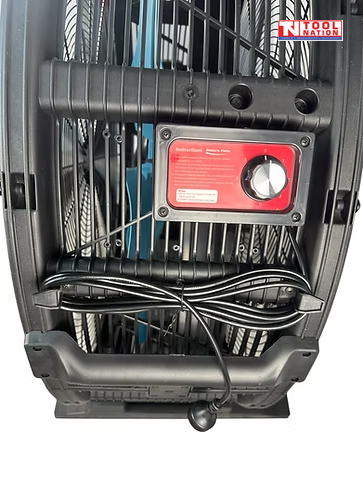 Close-up of the rear control panel and power cord on a large floor fan.