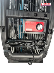 Close-up of the rear control panel and power cord on a large floor fan.