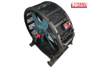 Rear angled view of a large floor fan showing the grille, blue blades, control panel, power cord, and base.