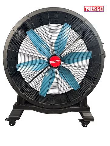Front view of a large floor fan with black grille, blue blades, and caster wheels.