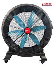 Front view of a large floor fan with black grille, blue blades, and caster wheels.