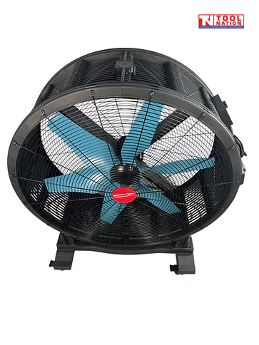 Low front view of a large floor fan with black grille, blue blades, and base.