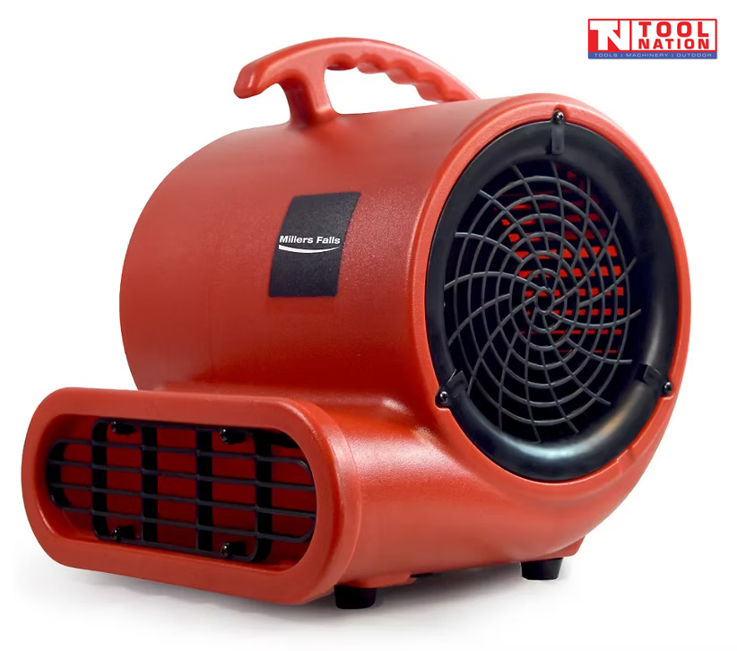 Angled view of a low-profile air mover fan with rectangular housing, front outlet, carry handle, and power cord.