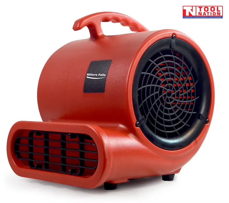 Angled view of a low-profile air mover fan with rectangular housing, front outlet, carry handle, and power cord.