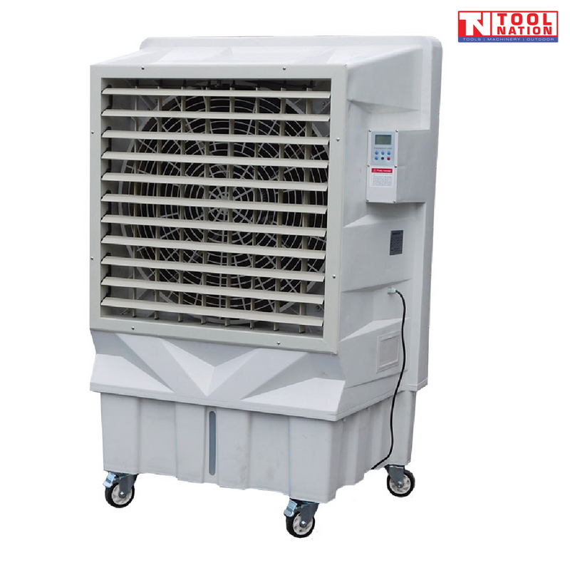 Angled front view of a white evaporative air cooler with louvred grille, side control panel, power cord, and caster wheels.