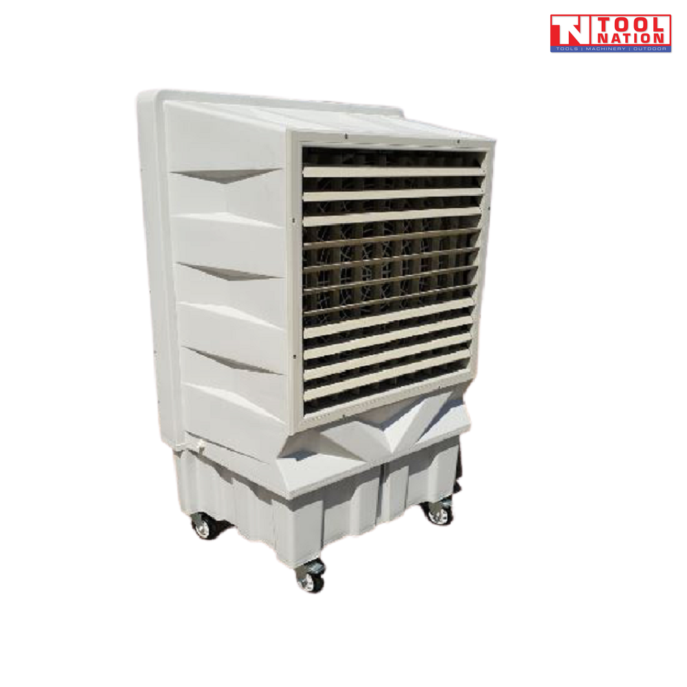 Angled front view of a white evaporative air cooler with louvred grille and caster wheels.