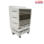 Angled front view of a white evaporative air cooler with louvred grille and caster wheels.