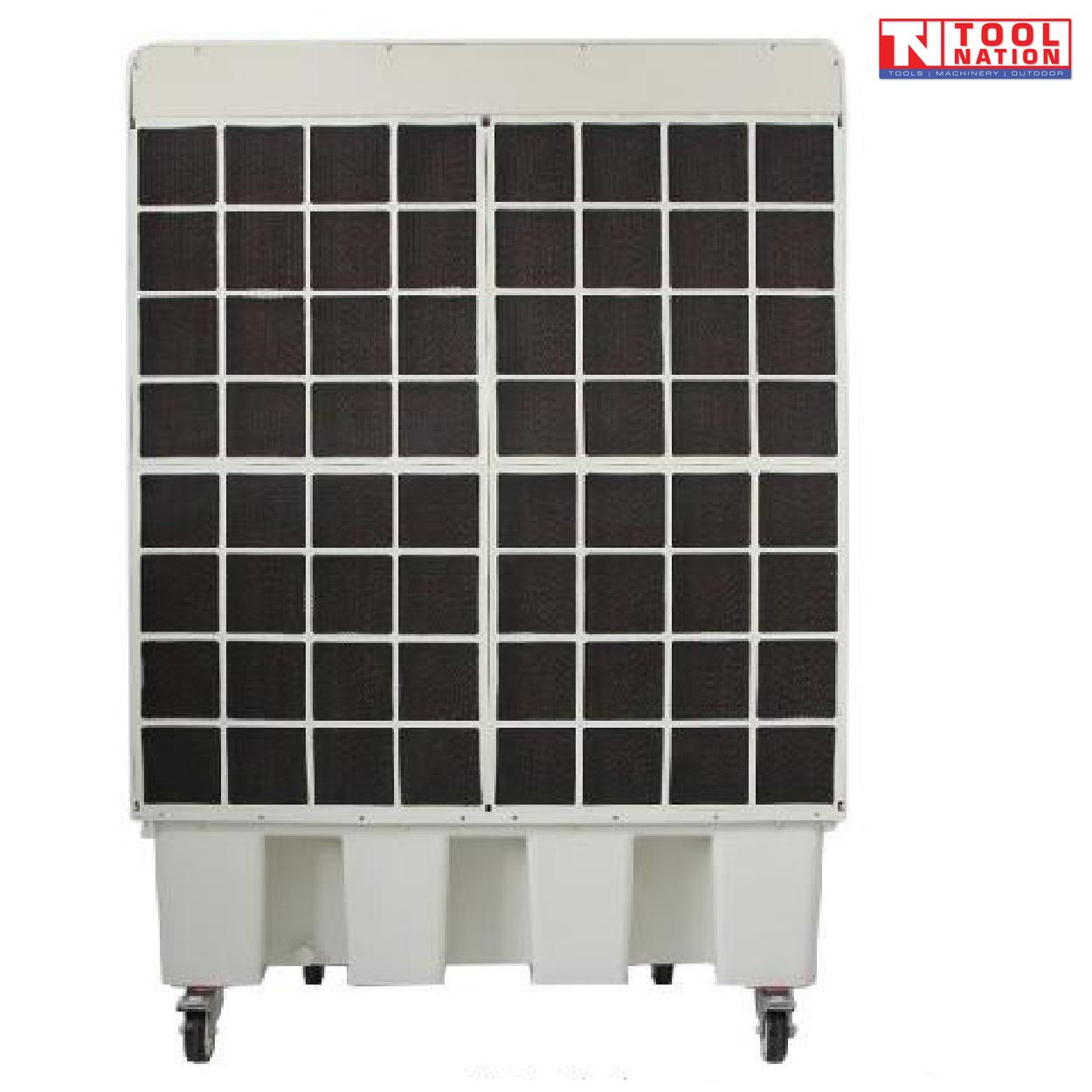 Rear view of a white evaporative air cooler showing a dark gridded rear panel and caster wheels.