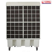 Rear view of a white evaporative air cooler showing a dark gridded rear panel and caster wheels.