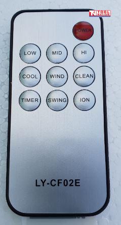 Close-up of a remote control with labelled buttons.