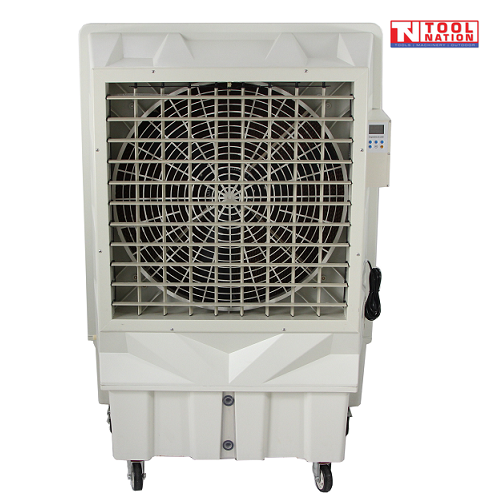 Front view of a white evaporative air cooler with louvred grille, side control panel, power cord, and caster wheels.