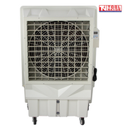 Front view of a white evaporative air cooler with louvred grille, side control panel, power cord, and caster wheels.