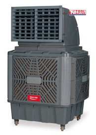 Angled view of a grey evaporative air cooler with raised louvre vent, side grilles, front label, and caster wheels.