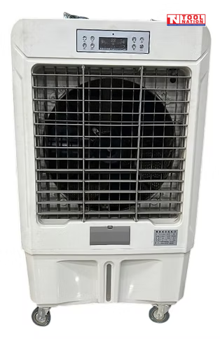 Front view of a white evaporative air cooler with grille, control panel, front label, and caster wheels.