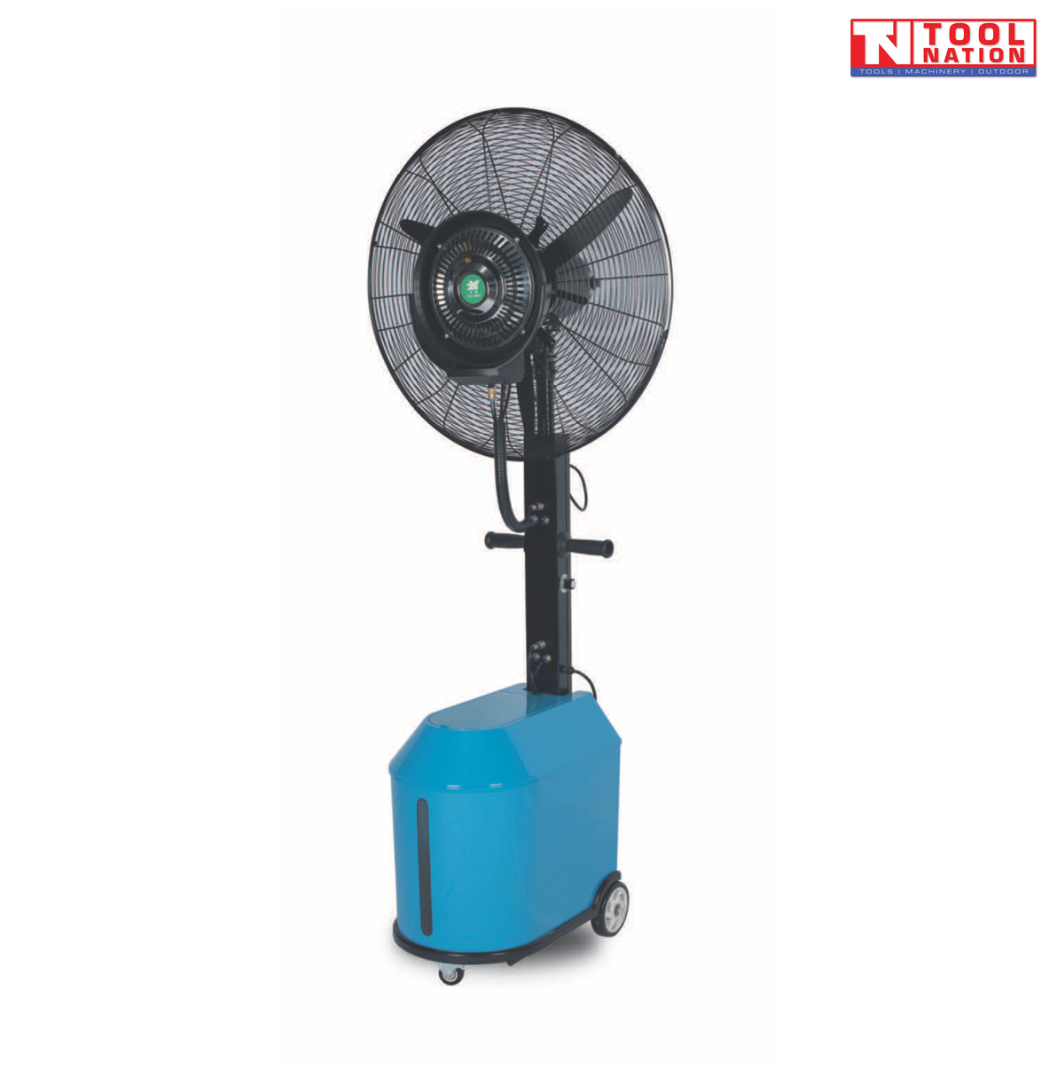 Angled view of a pedestal misting fan with round grille, fan head, support pole, water tank base, and wheels.
