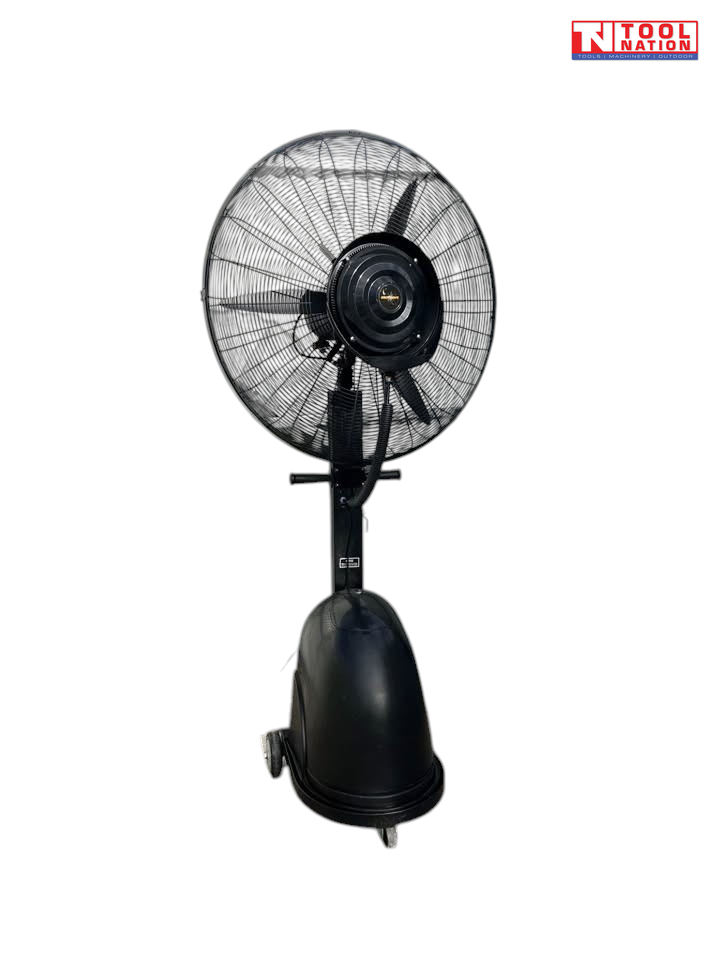 Angled view of a pedestal misting fan with round grille, fan head, support pole, water tank base, and wheels.