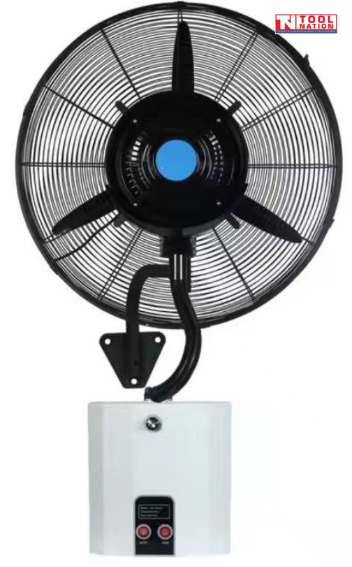 Angled view of a wall-mounted misting fan with round grille, fan head, mounting bracket, and small water tank.