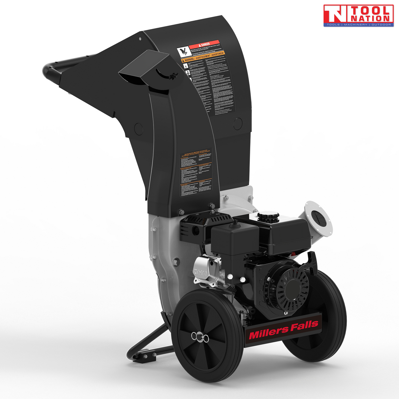 Black and grey chipper shredder shown from the rear side with a black engine, feed chute, discharge chute, two wheels and visible warning labels.