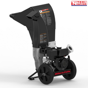 Black and grey chipper shredder shown from the rear side with a black engine, feed chute, discharge chute, two wheels and visible warning labels.