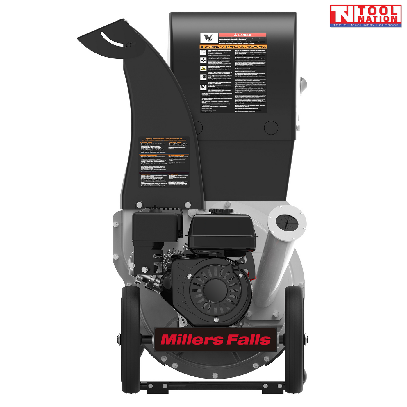 Front view of a black and grey chipper shredder with a black engine, two wheels, feed chute, discharge chute and visible warning labels.