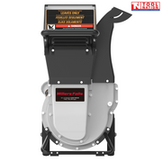 Rear view of a black and grey chipper shredder with a feed chute, discharge chute, two wheels and visible warning labels.