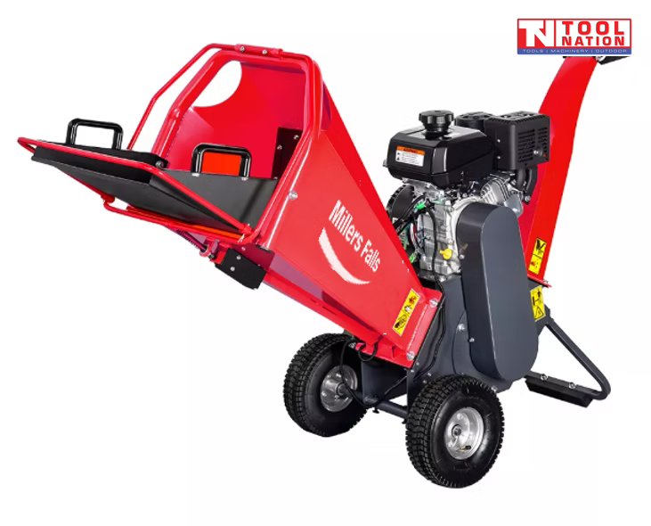 Red chipper shredder with a black engine, feed chute, discharge chute, two tyres, warning labels and Tool Nation logo.