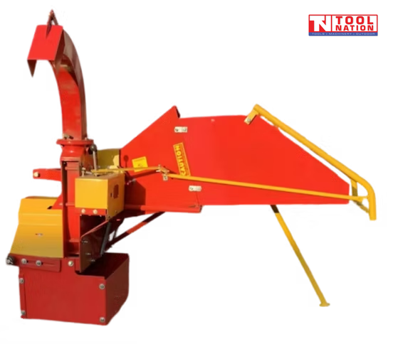 Red and yellow wood chipper with a feed hopper, curved discharge chute, support stand, and logo in the top right corner.
