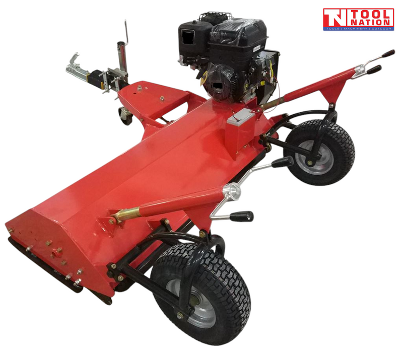 Red tow-behind mower with a black engine, tow hitch, two tyres, red adjustment handles and Tool Nation logo.
