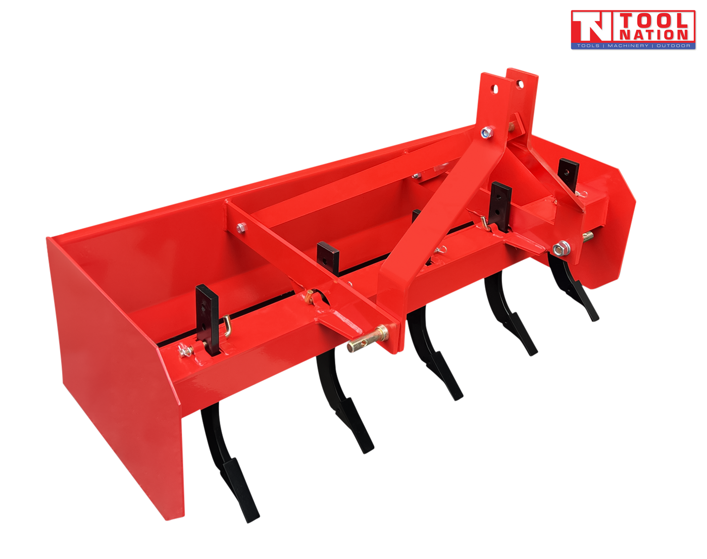 Red box grader attachment with black ripper tines, triangular mounting frame, pins, bolts, and a logo in the top right corner.