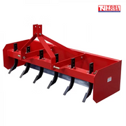 Red box grader attachment with black ripper tines, triangular mounting frame, pins, bolts, and a logo in the top right corner.