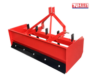 Rear angled view of a red box grader attachment with black cutting edge, triangular mounting frame, pins, bolts, and a logo in the top right corner.