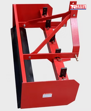 Red box grader attachment with black ripper tines, triangular mounting frame, pins, bolts, and a logo in the top right corner.