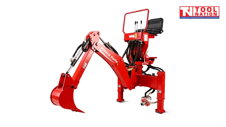 Red tractor backhoe attachment with bucket, boom arm, hydraulic hoses, stabiliser legs, black seat, control levers, and logo in the top corner.