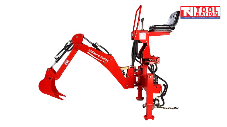 Side view of a red tractor backhoe attachment with bucket, boom arm, hydraulic hoses, stabiliser leg, black seat, controls, and logo in the top corner.