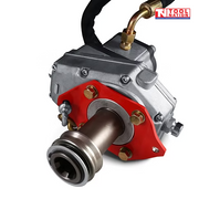 Close-up of a hydraulic pump gearbox with metal PTO shaft connection, red mounting plate, bolts, hose fitting, and logo in the top corner.