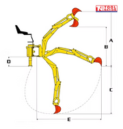 Diagram of a tractor backhoe attachment showing boom positions, bucket positions, measurement lines, and letter labels.