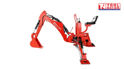 Red backhoe attachment with bucket, seat, support leg, and hydraulic arms on a white background.