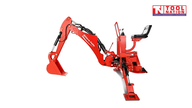 Red backhoe attachment with bucket, seat, support leg, and hydraulic arms on a white background.