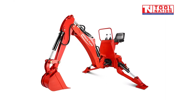 Red backhoe attachment angled left with bucket, seat, stabiliser legs, and hydraulic cylinders on a white background.